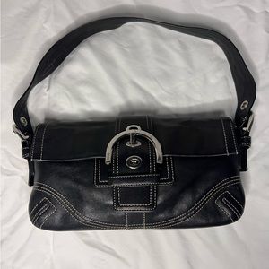 Y2K Coach Shoulder Bag- Black Leather Off White Stitching